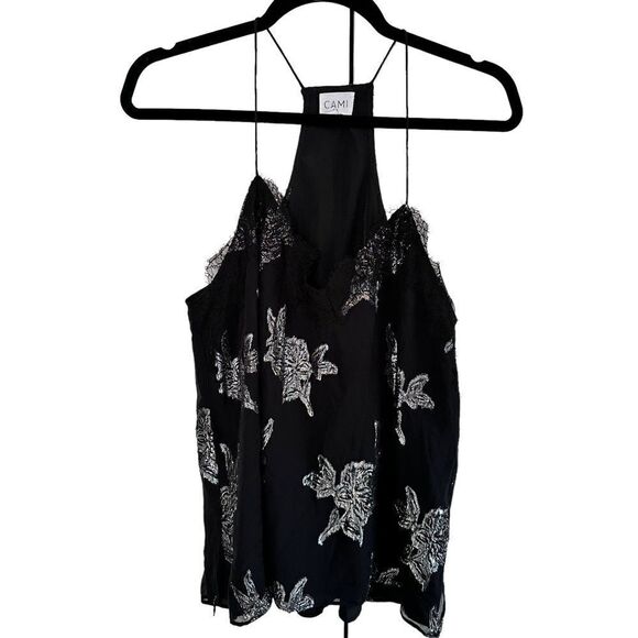 Cami NYC The Racer Black Silk Floral Lace Trim Metallic Embroidered - Picture 2 of 5